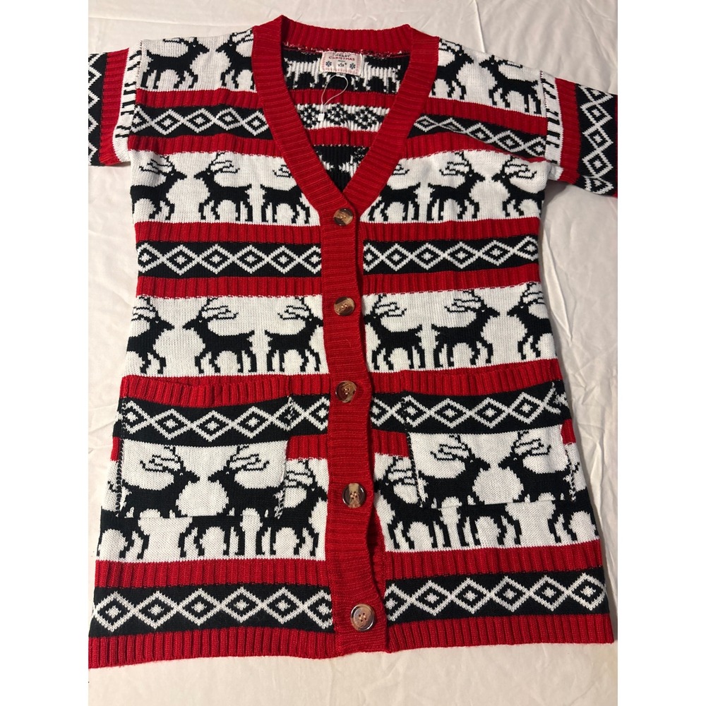 V28‎ Christmas Cardigan Womens Medium Red Reindeer Fair Isle Longline Excellent